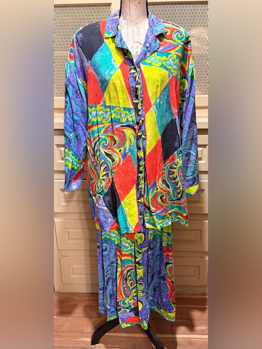 VTG 90s Bettina Riedel New York 100% Silk Patchwork Shirt Maxi Skirt Set
